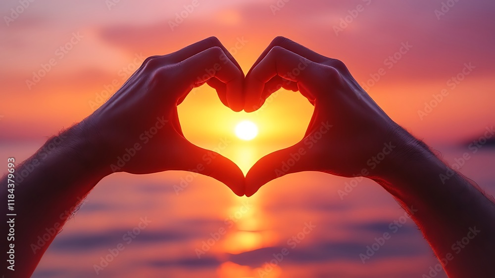 Fototapeta premium Male making heart shape hand in a beautiful sunset nature setting. Love and compassion concept