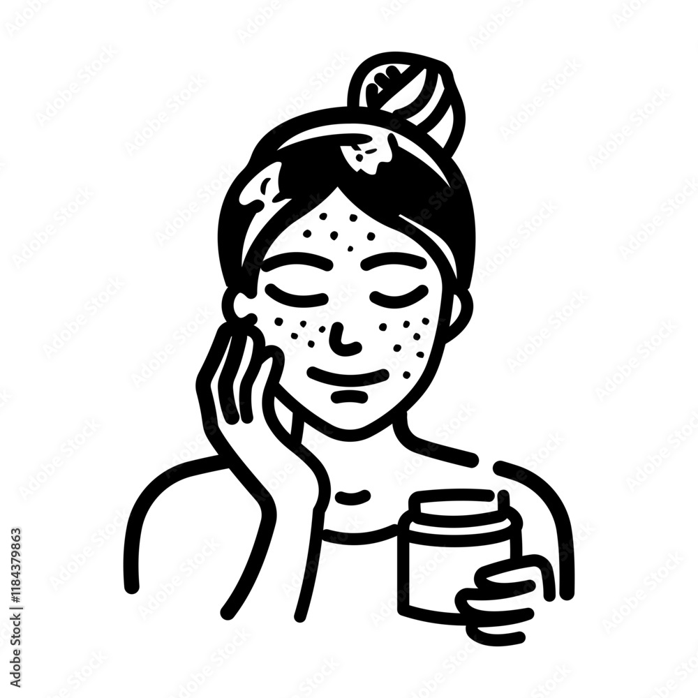 Woman applying cream on her face, doodle icon Woman applying cream on her face, doodle icon