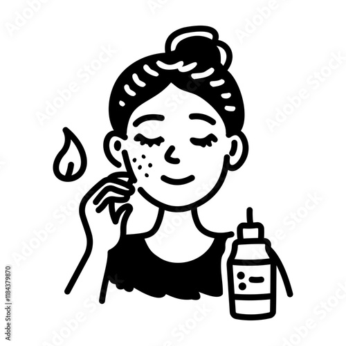 Woman applying serum on her face, doodle icon
