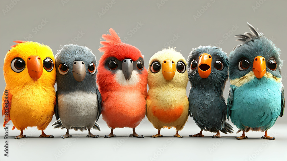 Fototapeta premium Adorable Cartoon Bird Illustration: Six Colorful Parrots