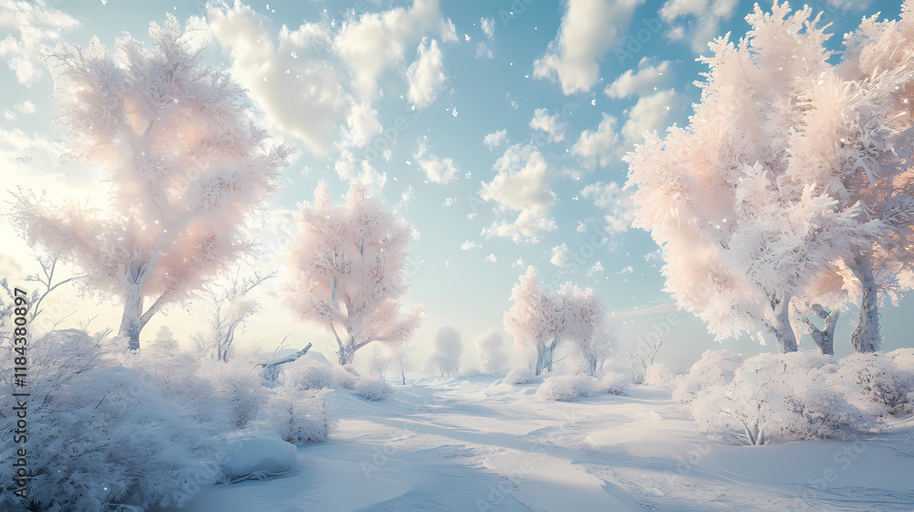 Frozen landscape with snowcovered trees and ice formations. Frostleaf. Illustration Frozen landscape with snowcovered trees and ice formations. Frostleaf. Illustration