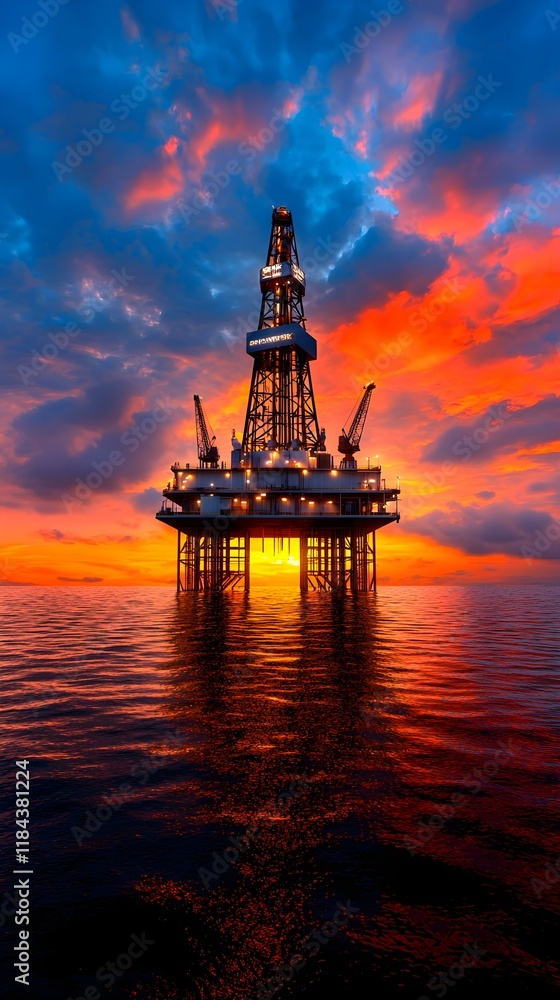 Dramatic Sunset Overshore Oil Rig Silhouette in Calm Ocean Water Dramatic Sunset Overshore Oil Rig Silhouette in Calm Ocean Water