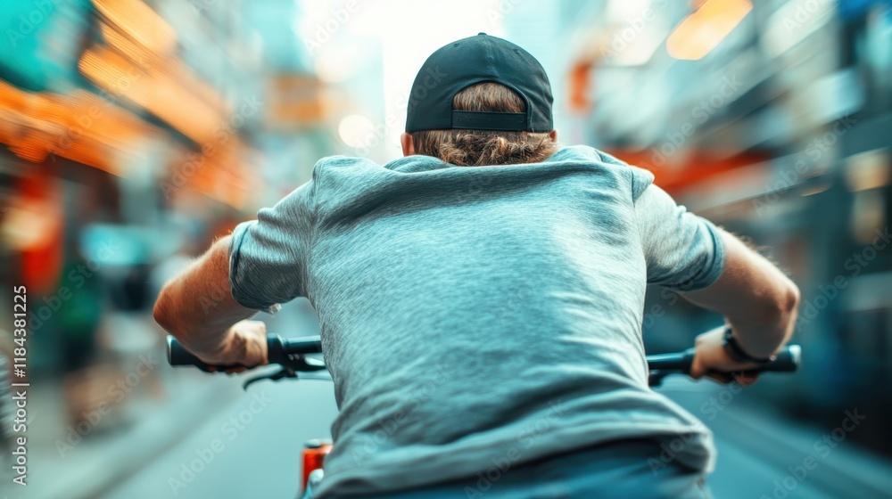 A biker speeds through a vibrant urban street, immersing in the lively atmosphere that signifies adventure and the joy of exploring city life. A biker speeds through a vibrant urban street, immersing in the lively atmosphere that signifies adventure and the joy of exploring city life.