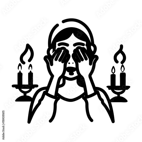 A woman worshipping shabbat candles with her eyes covered