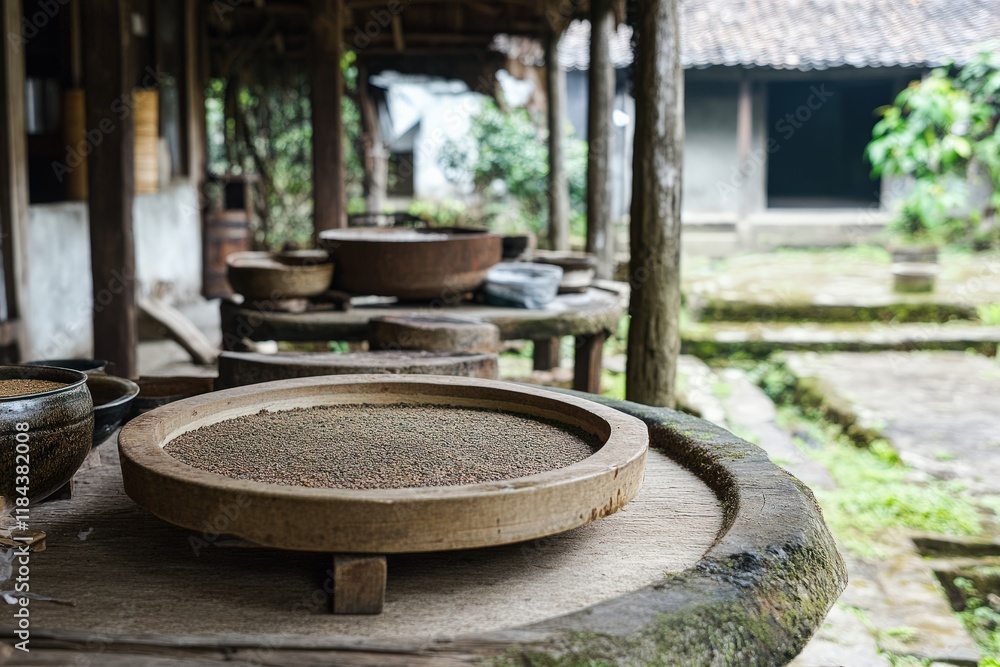 Ancient methods of fermenting Pu-erh tea, detailed steps in a rustic setup Ancient methods of fermenting Pu-erh tea, detailed steps in a rustic setup