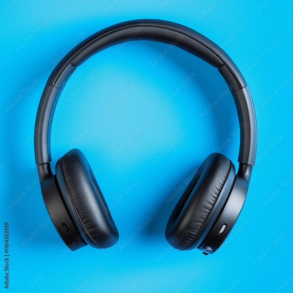 Modern headphones with a sleek design featured in an advertisement setup isolated on a solid color background, perfect for tech and audio branding Modern headphones with a sleek design featured in an advertisement setup isolated on a solid color background, perfect for tech and audio branding