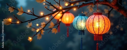 Golden and blue festive lanterns with shimmering lights hanging from a tree branch, celebration, decoration