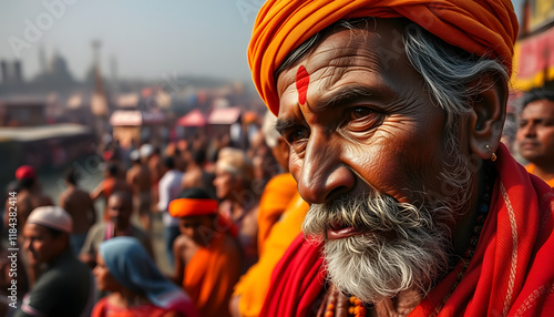 Closeup Face of an Indian old Sadhu or Saint or aghori or Baba attending Mahakumbh in Prayagraj, came to take a holy bath or snan on magical holy river  photo