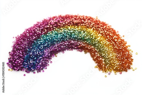 Vibrant rainbow made of glitter on white background, colorful vector illustration, flat design, hyperrealistic digital art with vivid and saturated colors.