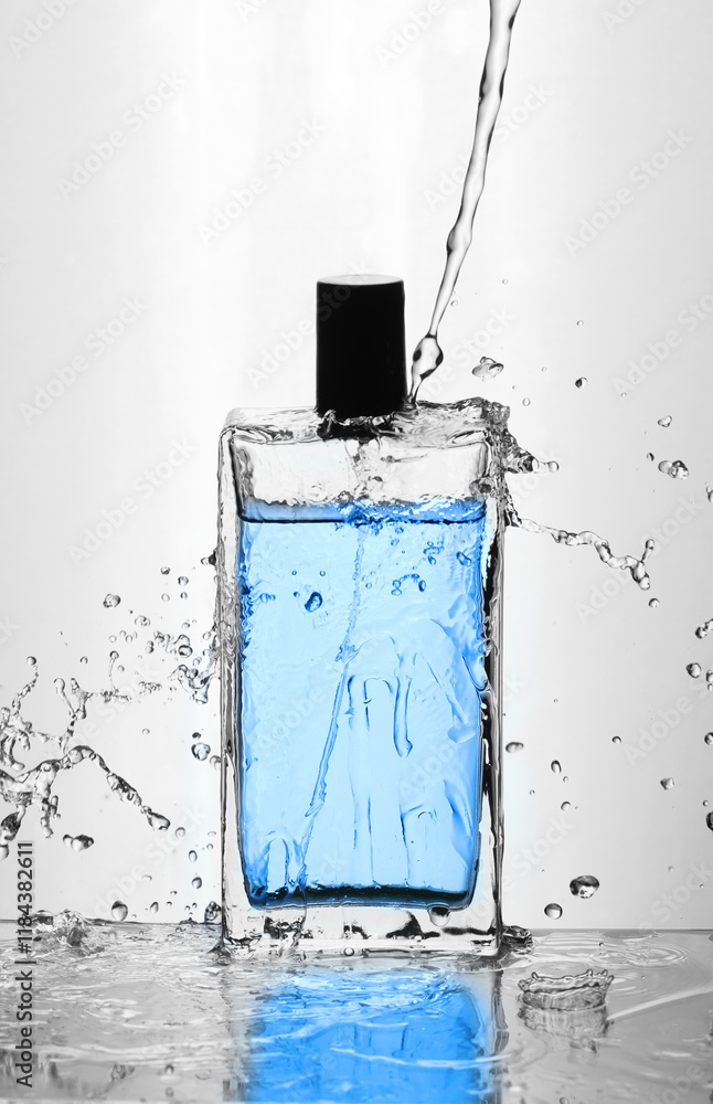 glass bottle with perfume in water splashes glass bottle with perfume in water splashes