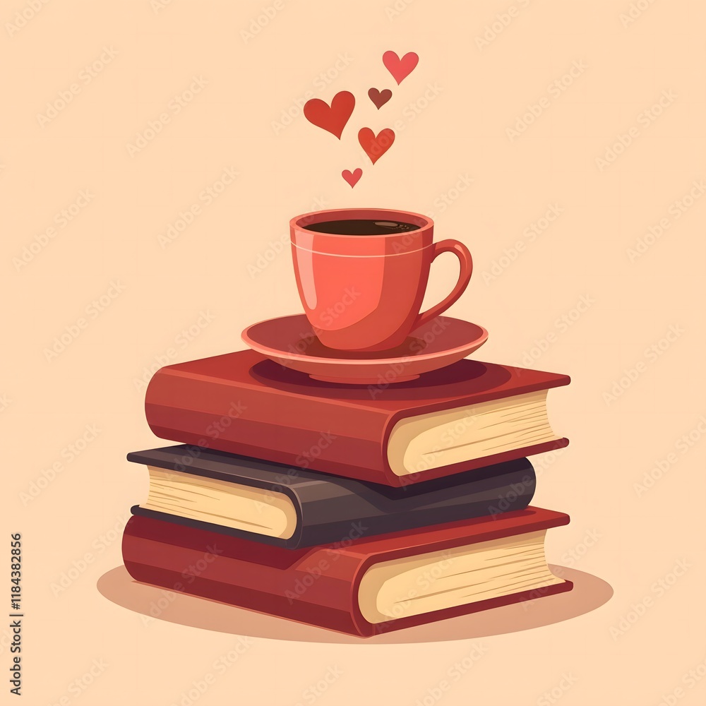 Cozy Coffee Break A Red Mug Atop Stack of Books with Hearts Cozy Coffee Break A Red Mug Atop Stack of Books with Hearts