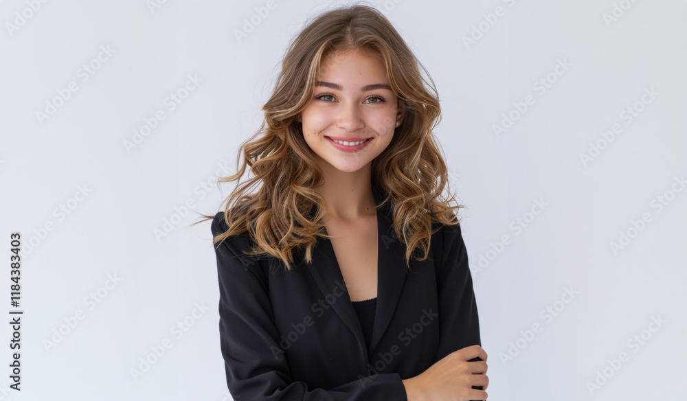 Her black attire, set against a white background, showcases a respectful and poised style ideal for formal settings. Her black attire, set against a white background, showcases a respectful and poised style ideal for formal settings.