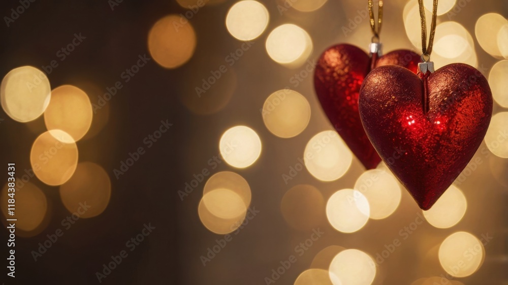 Two heart-shaped ornaments, painted a deep red, hang from a branch against a backdrop of warm, glowing lights. Two heart-shaped ornaments, painted a deep red, hang from a branch against a backdrop of warm, glowing lights.