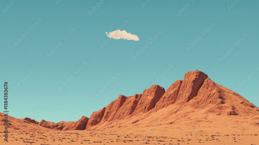 Fototapeta premium Minimalist desert landscape with single cloud and orange mountains under a blue sky.