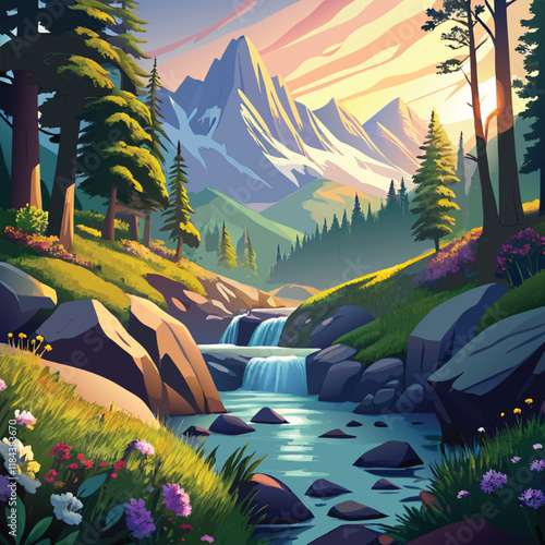 Mountain landscape with river, flat vector style