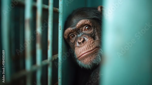 An expressive chimpanzee peering through bars, illustrating the poignant blend of curiosity and entrapment prevalent in captive animal experiences. photo