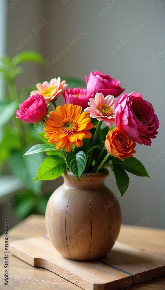 Fresh flowers in a rustic wooden vase on a table, arrangement, flowers Fresh flowers in a rustic wooden vase on a table, arrangement, flowers