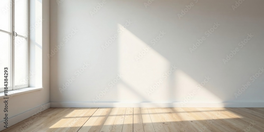 Fototapeta premium Sunlight streams into a minimalist room with hardwood floors and a bright white wall