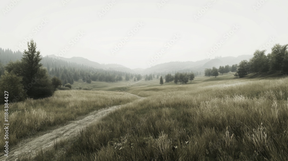 Fototapeta premium Misty valley landscape with grassy field and dirt road.