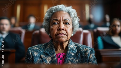 A poised serious woman sits in a courtroom, reflecting on the proceedings with a focused expression, highlighting the intense atmosphere of legal discussions. photo