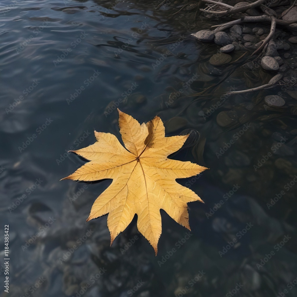 A fallen birch leaf floats on the calm surface of the Flathead River , montana forest, aquatic plants, water reflection A fallen birch leaf floats on the calm surface of the Flathead River , montana forest, aquatic plants, water reflection