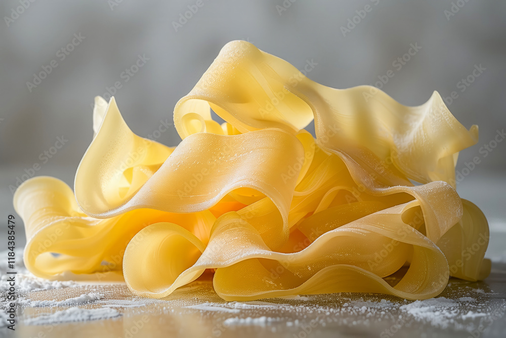 Fresh uncooked pasta nest on light background with flour accents Fresh uncooked pasta nest on light background with flour accents