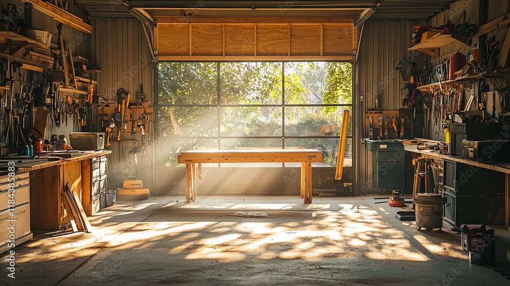 Sunlit Workshop with Tools and Wooden Bench in Organised Space