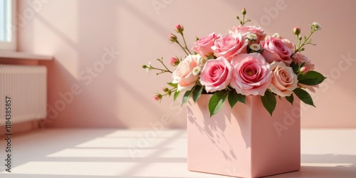 A delicate arrangement of light pink roses in a pastel pink gift box, bathed in soft sunlight