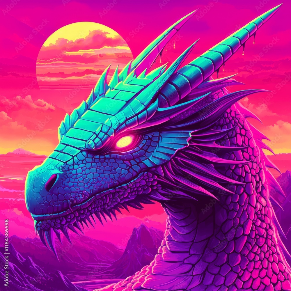 A stunning digital dragon created in vaporwave style. A stunning digital dragon created in vaporwave style.