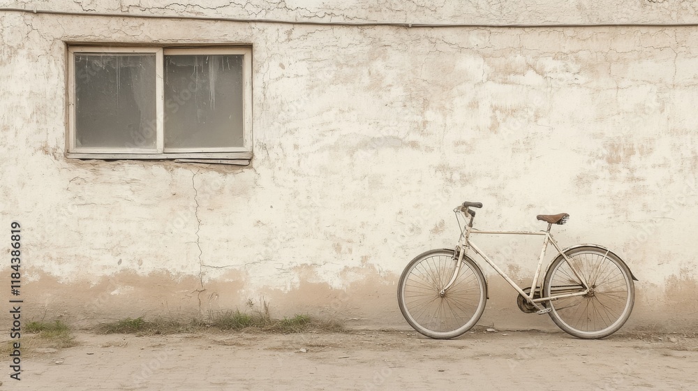 Old bicycle leaning against a weathered wall. Old bicycle leaning against a weathered wall.