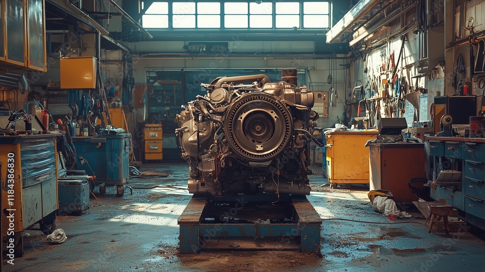 Engine in Workshop with Tools and Machinery in Dim Lighting Engine in Workshop with Tools and Machinery in Dim Lighting