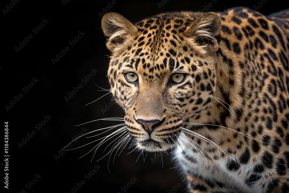 Naklejka premium Close-up of a leopard's face on dark background.
