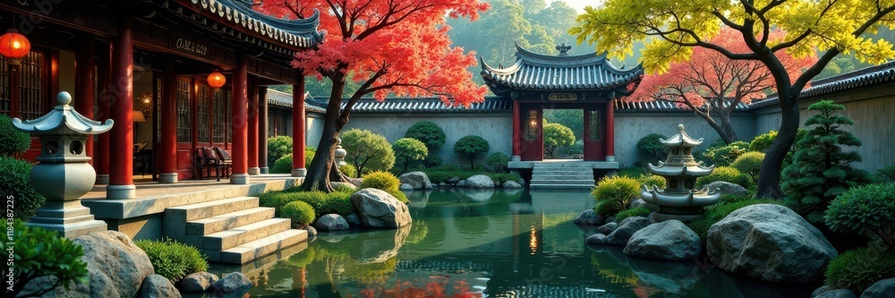 Ming Dynasty Garden with Stone Lanterns and Water Features , min dynasty garden, stone statues, stone pathways Ming Dynasty Garden with Stone Lanterns and Water Features , min dynasty garden, stone statues, stone pathways