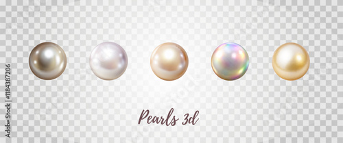 3d vector mesh pearl beads isolated on transparent background. Different shades pearls, rose oyster, holographic white pearl. Glossy metallic jewelry balls