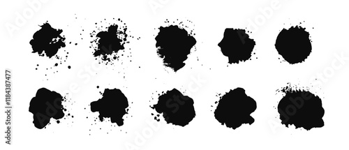 Set of black paint splashes, blots isolated on white background. Ink stains with drops, grunge abstract set, spray splashes. Vector illustration