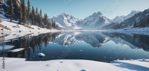 Wallpaper Mural Snowy peaks reflect in the calm surface of a frozen lake, snow-covered peak, alpine scenery, winter wonderland Torontodigital.ca