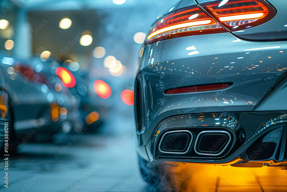 Fototapeta premium Luxury sports car with vibrant led tail lights and dual exhaust in urban setting