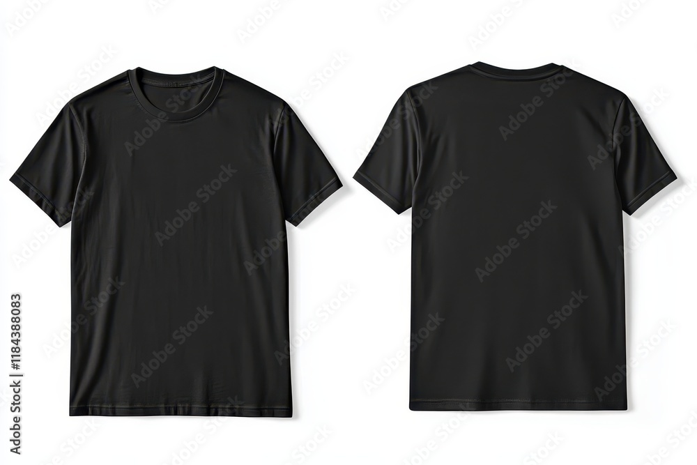 Black T-shirt mockup, front and back views, white background, design template (2) Black T-shirt mockup, front and back views, white background, design template (2)