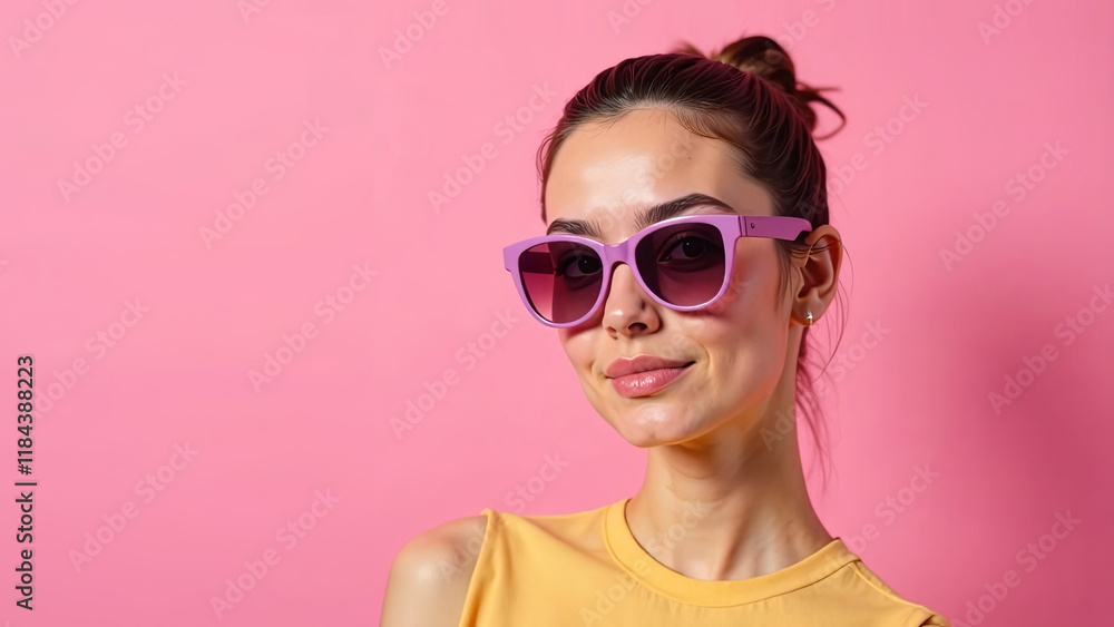 Portrait of a young woman wearing sunglasses on a pink background. Ideal for advertising optics, ophthalmology. Copyspace Portrait of a young woman wearing sunglasses on a pink background. Ideal for advertising optics, ophthalmology. Copyspace