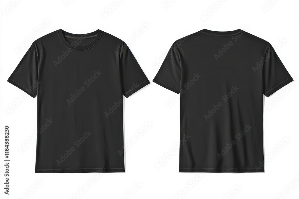 Black t-shirt mockup, front and back views, plain background, design template Black t-shirt mockup, front and back views, plain background, design template