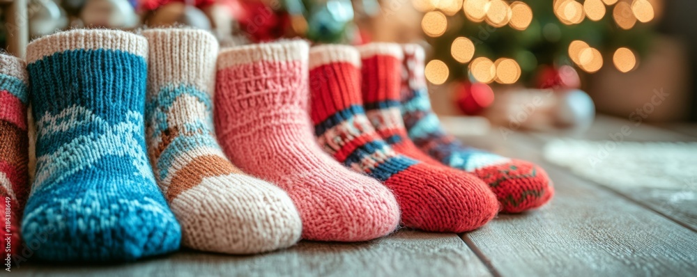Colorful knitted socks arranged on table with vibrant red pair, pastel hues, and cozy winter decor background Colorful knitted socks arranged on table with vibrant red pair, pastel hues, and cozy winter decor background