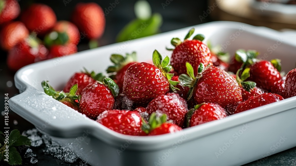 This vibrant image captures a harvest of fresh strawberries arranged beautifully in a crisp white tray, illustrating the essence of freshness and summer delight for culinary art. This vibrant image captures a harvest of fresh strawberries arranged beautifully in a crisp white tray, illustrating the essence of freshness and summer delight for culinary art.