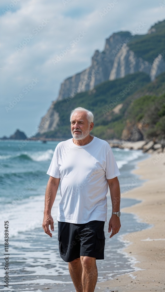 A grandfather in a white tshirt and black shortstaking a stroll along the coastline A grandfather in a white tshirt and black shortstaking a stroll along the coastline