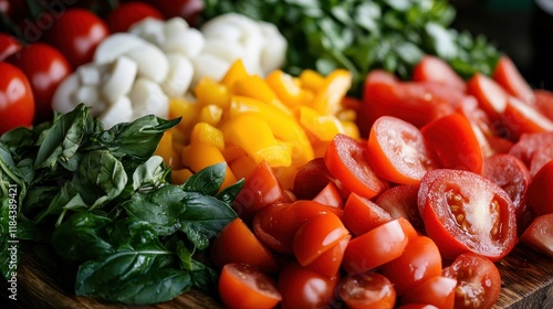 An artistic arrangement of fresh vegetables and herbs including tomatoes, basil, and peppers, showcasing vibrant colors and inviting textures for a delicious meal preparation. photo