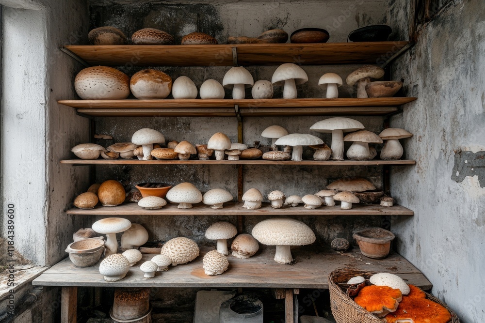 A warehouse converted into an urban mushroom farm, with shelves of fungi growing in dimly lit, humid conditions A warehouse converted into an urban mushroom farm, with shelves of fungi growing in dimly lit, humid conditions