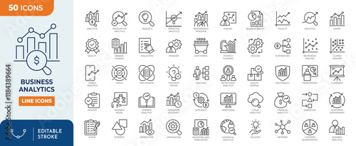 Business Analytics line editable icon set. Containing Analyzing, Data, Big Data, Research, Examining, Chart, Diagram, Expertise, Planning, and more. Vector illustration