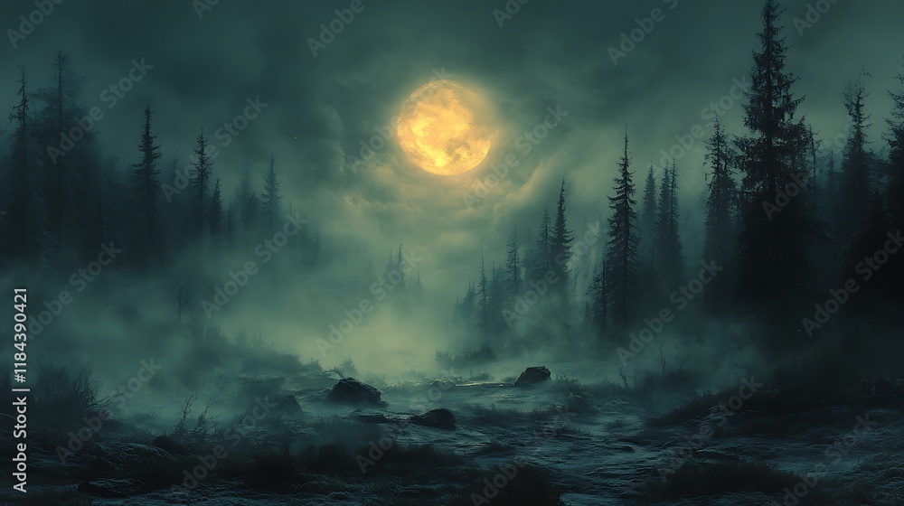Eerie moonlit forest scene with fog and stream Eerie moonlit forest scene with fog and stream