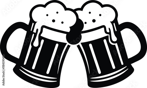Beer mug silhouette, Two clinking beer mugs icon vector