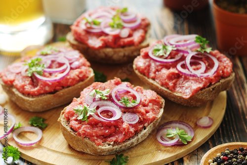 Traditional German sandwiches with minced meat Mettbroetchen	 photo