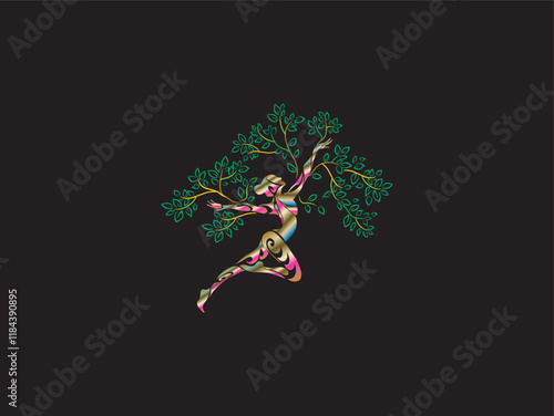 Abstract Human tree logo. Unique Tree Vector illustration with woman dancing woman pose